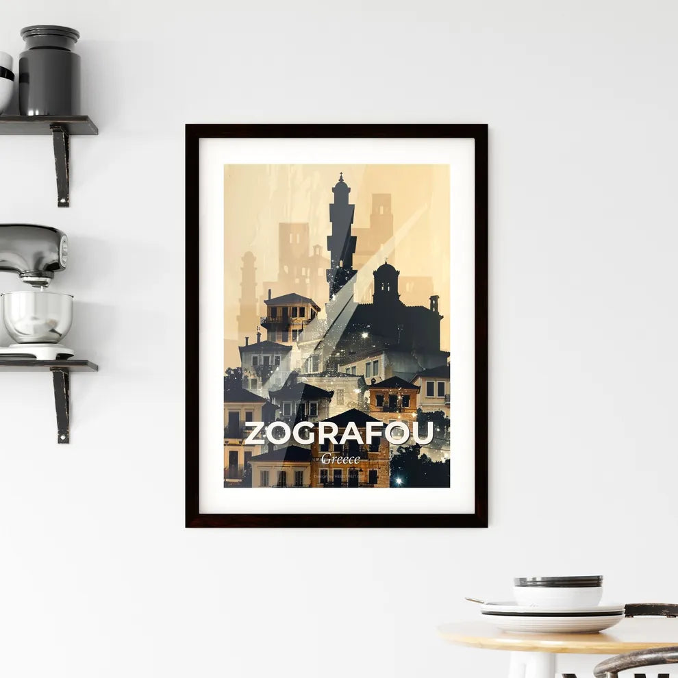 Zografou Skyline in Chic Silhouette on Beige - A group of buildings with a tower Custom Print