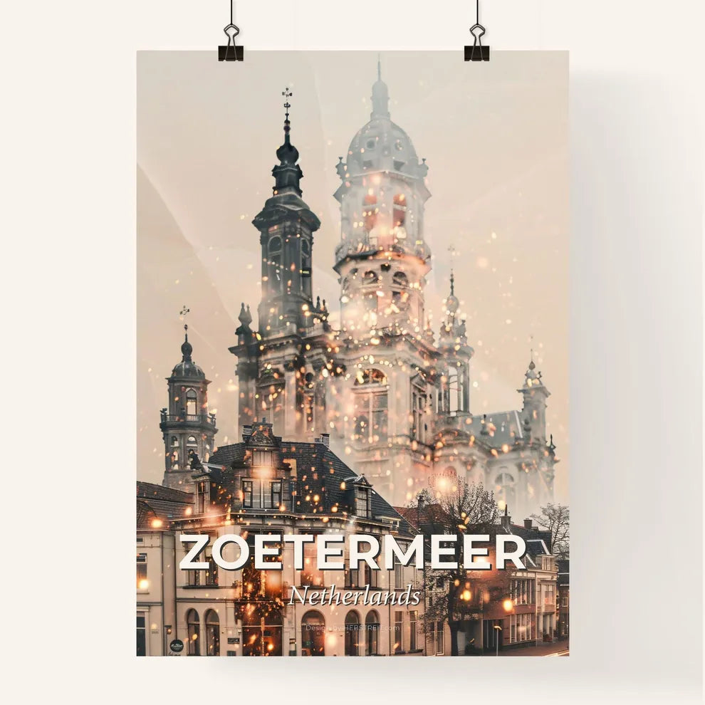 Zoetermeer Skyline Cityscape Double Exposure Art - A building with many towers and a street light Poster