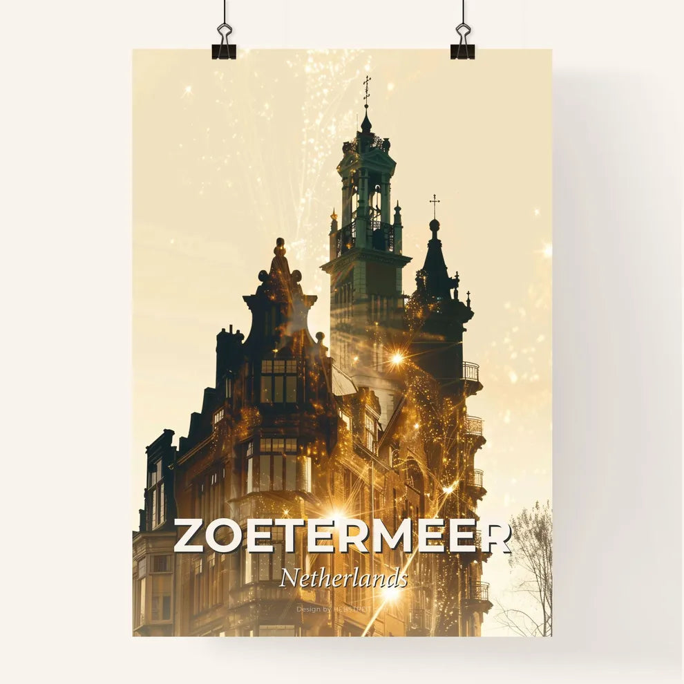 Zoetermeer Skyline Double Exposure Art Poster - A building with a tower and a street light Poster