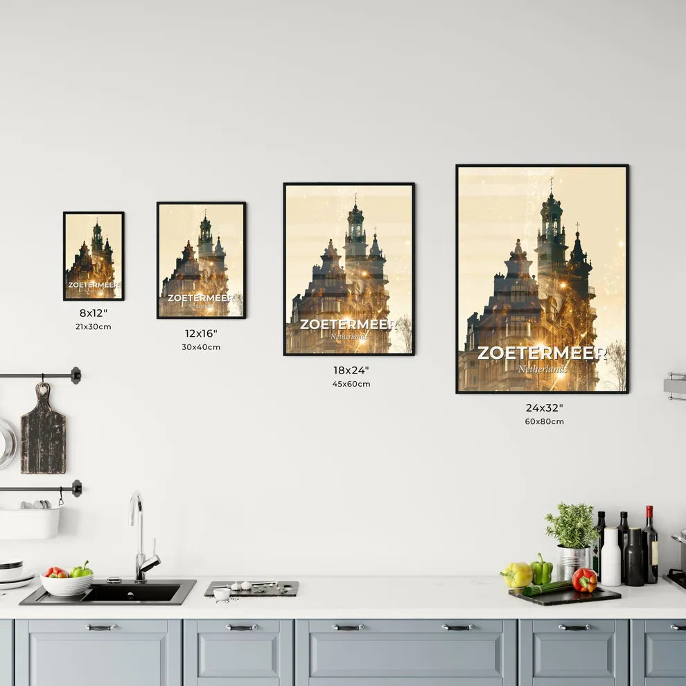 Zoetermeer Skyline Double Exposure Art Poster - A building with a tower and a street light Size Chart