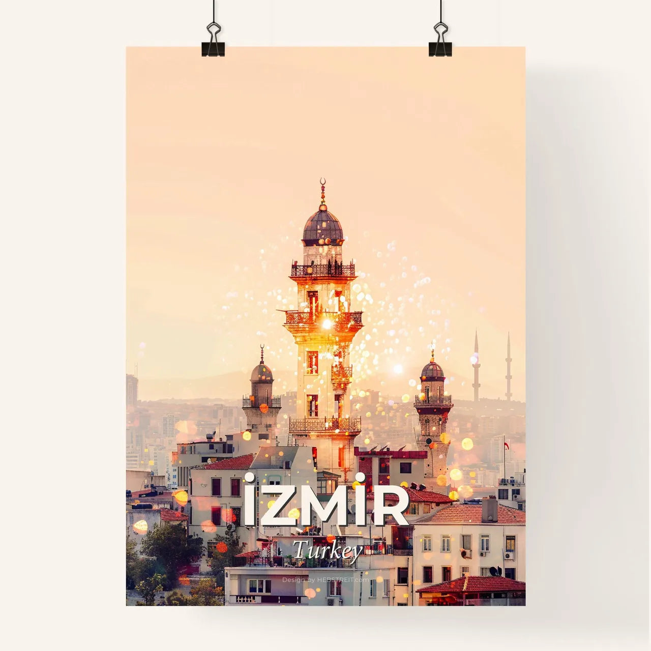 Izmir Skyline Double Exposure Art Print - A building with a tower and a city in the background Poster