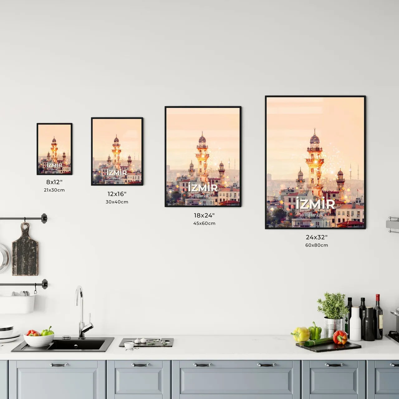 Izmir Skyline Double Exposure Art Print - A building with a tower and a city in the background Size Chart