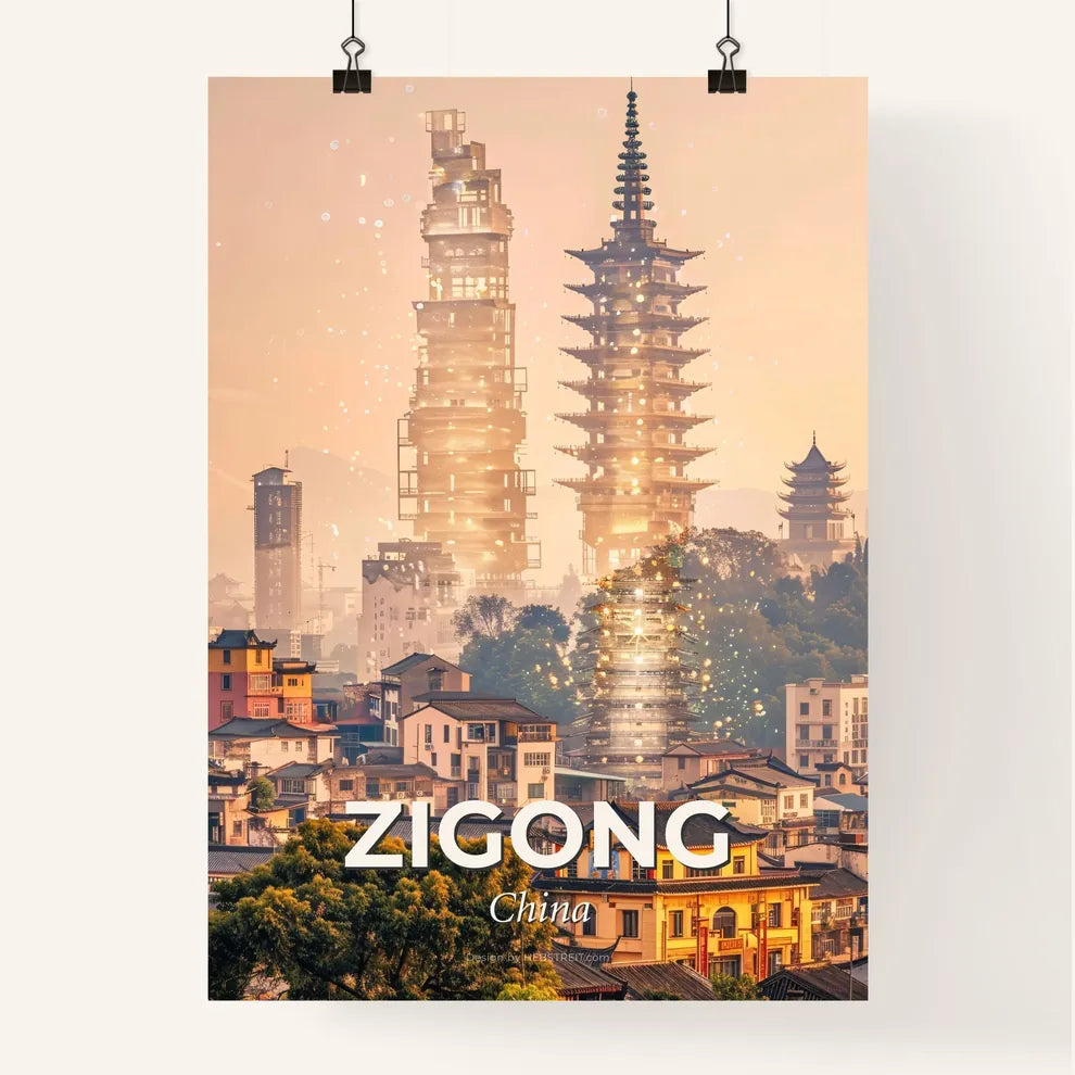 Zigong: Double Exposure Skyline Art with Local Flair - A city with tall buildings and trees Poster