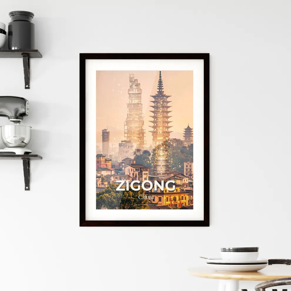 Zigong: Double Exposure Skyline Art with Local Flair - A city with tall buildings and trees Custom Print