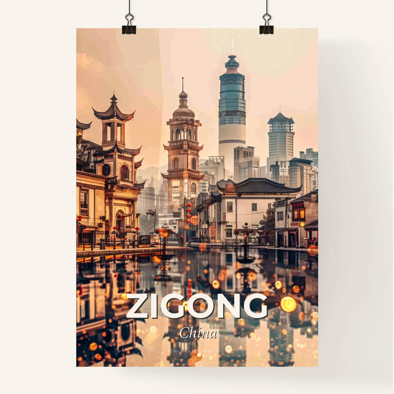 Zigong Skyline Double Exposure Composite Art - A water body with buildings in the background Poster