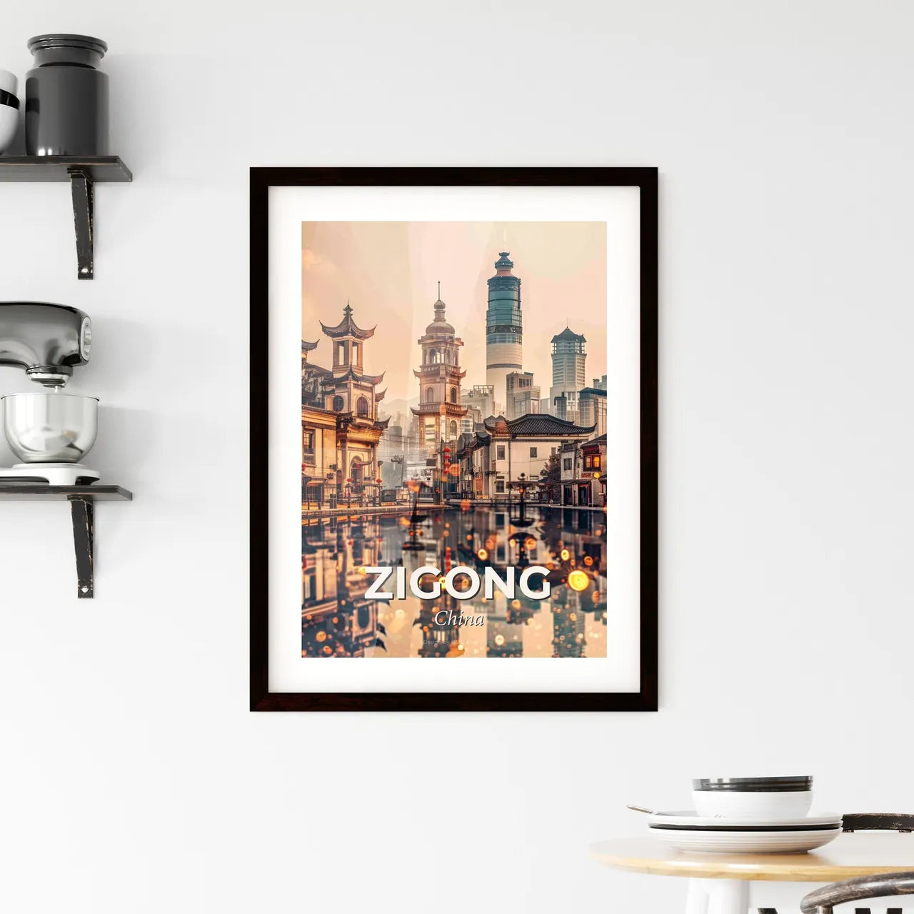 Zigong Skyline Double Exposure Composite Art - A water body with buildings in the background Custom Print