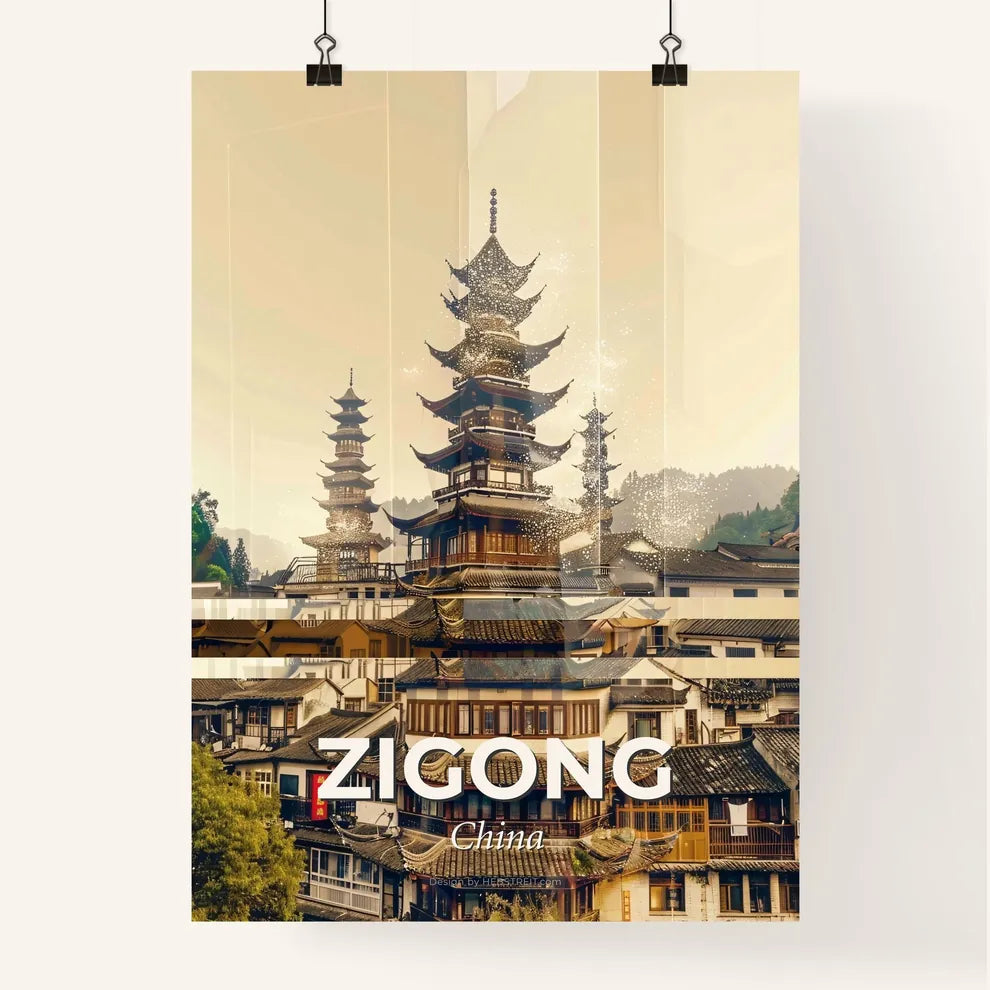 Zigong: Double Exposure Skyline Art - A group of buildings with tall towers Poster