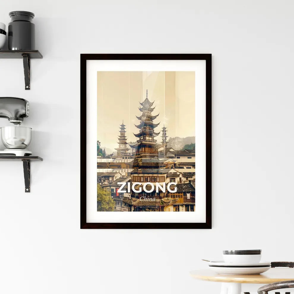 Zigong: Double Exposure Skyline Art - A group of buildings with tall towers Custom Print