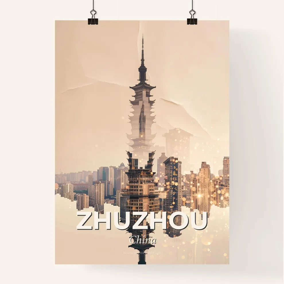 Zhuzhou City Double Exposure Composite Art Skyline - A city skyline with many buildings Poster