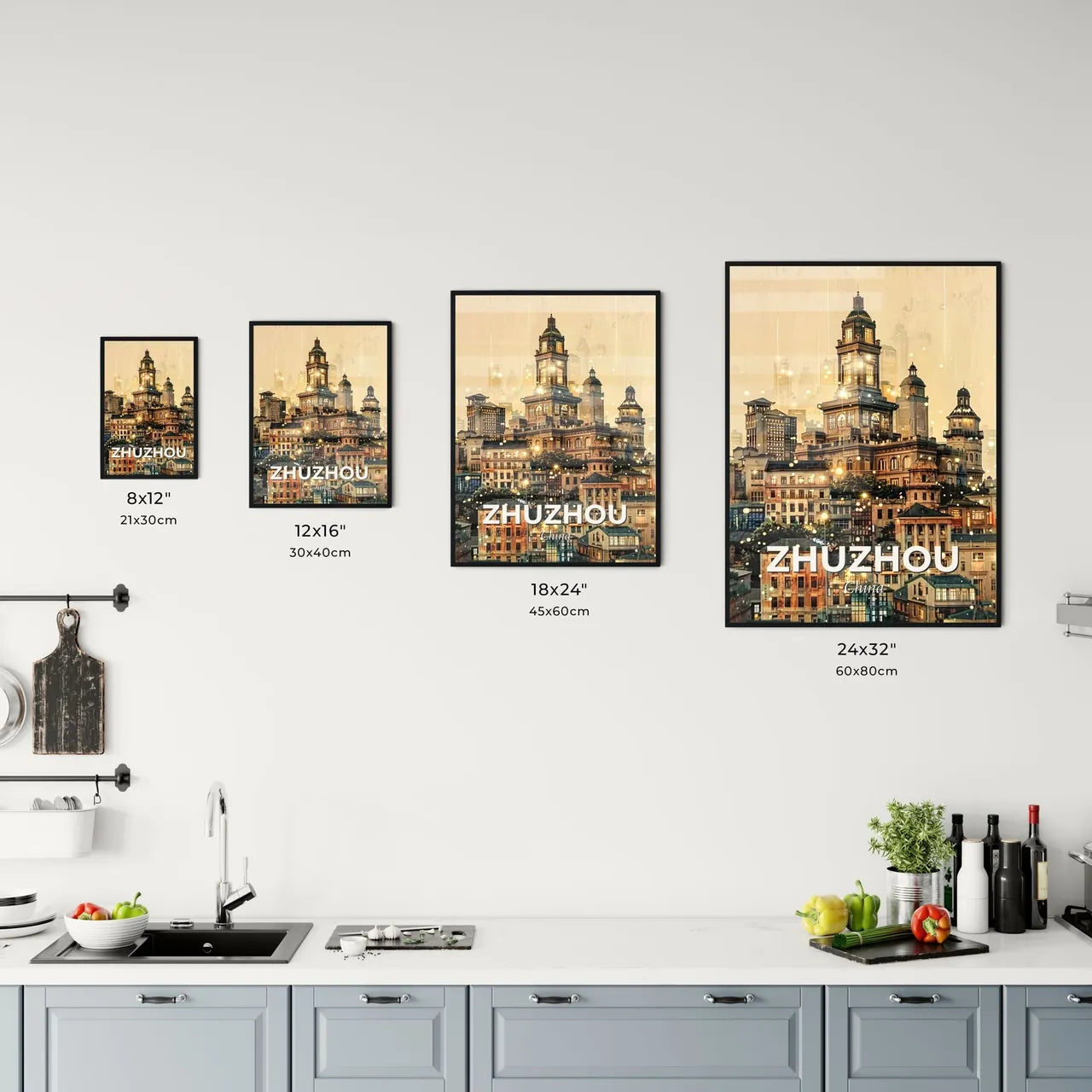Zhuzhou Cityscape Skyline Poster with Subtle Backlights - A city with many buildings Size Chart