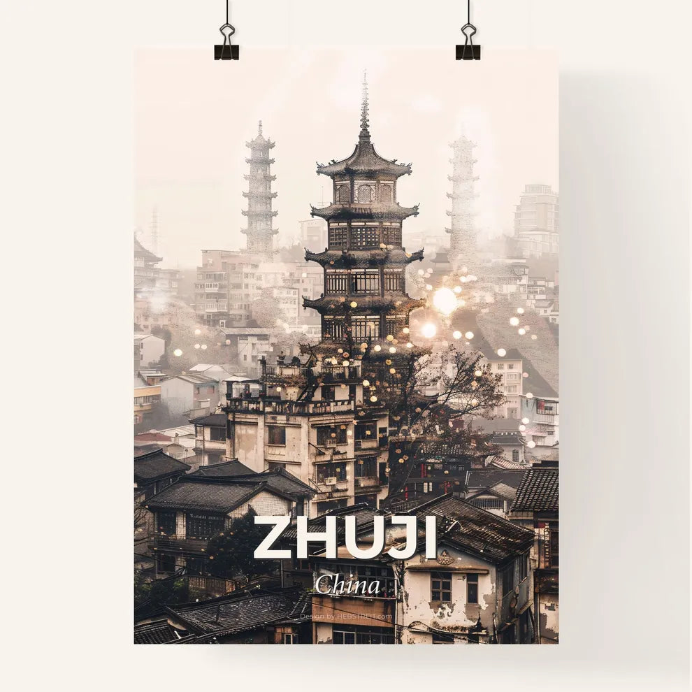 Zhuji Skyline Composite Art: Vibrant Local Icons - A tall pagoda tower in a city Poster