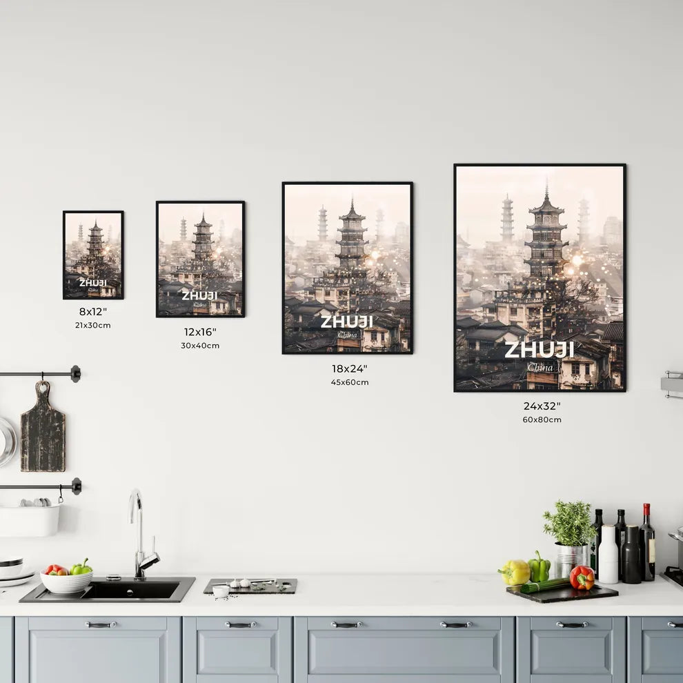Zhuji Skyline Composite Art: Vibrant Local Icons - A tall pagoda tower in a city Size Chart