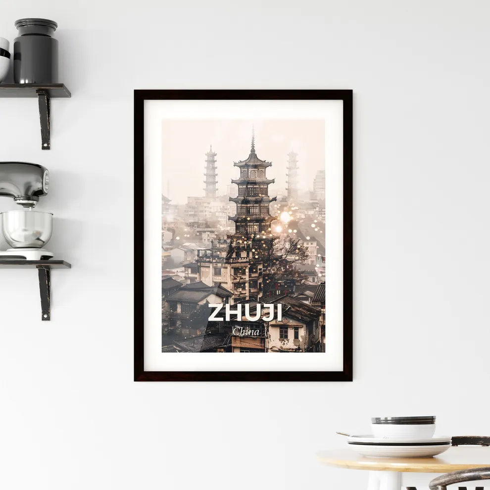 Zhuji Skyline Composite Art: Vibrant Local Icons - A tall pagoda tower in a city Custom Print