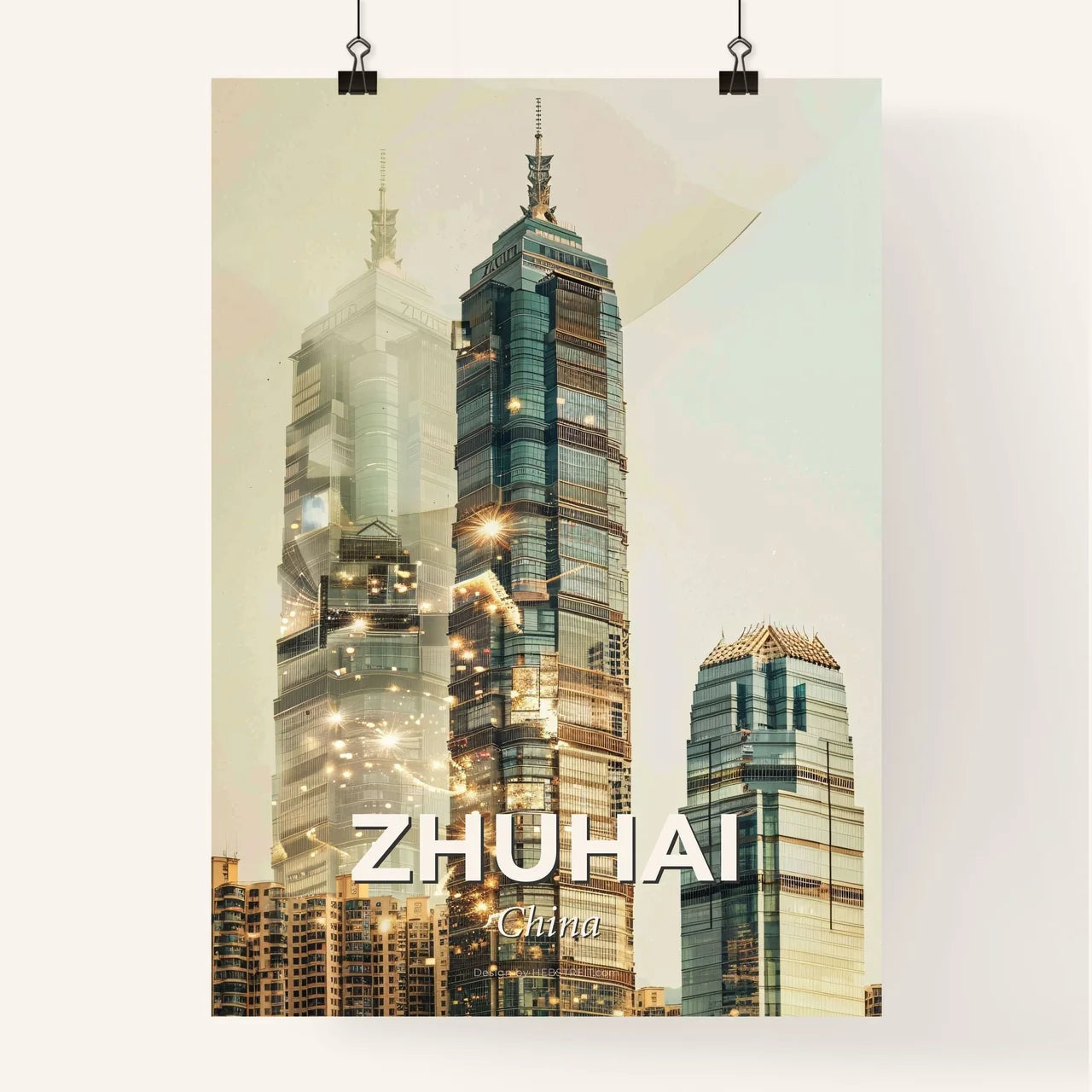 Zhuhai Skyline Art Print - Local Icons on Beige - A group of tall buildings Poster