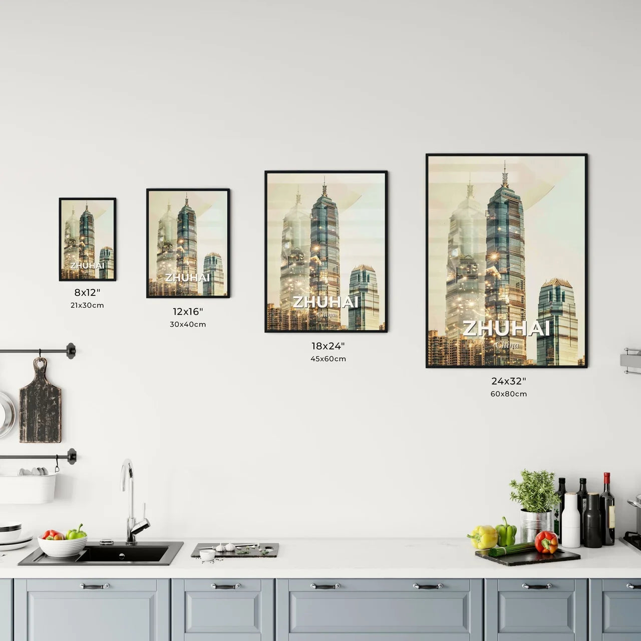 Zhuhai Skyline Art Print - Local Icons on Beige - A group of tall buildings Size Chart