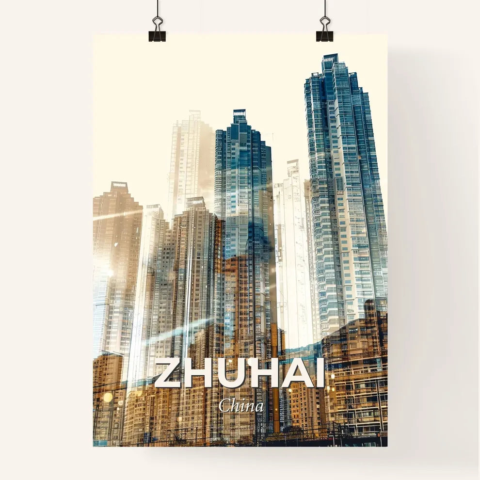 Zhuhai Double Exposure City Skyline Poster - A city skyline with many tall buildings Poster