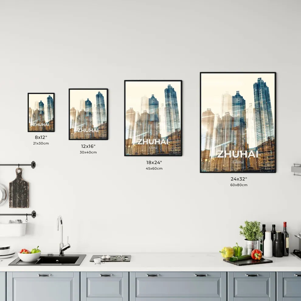 Zhuhai Double Exposure City Skyline Poster - A city skyline with many tall buildings Size Chart