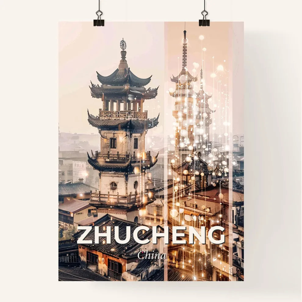Zhucheng City Skyline Modern Art Composite Poster - A tall pagoda tower with lights Poster