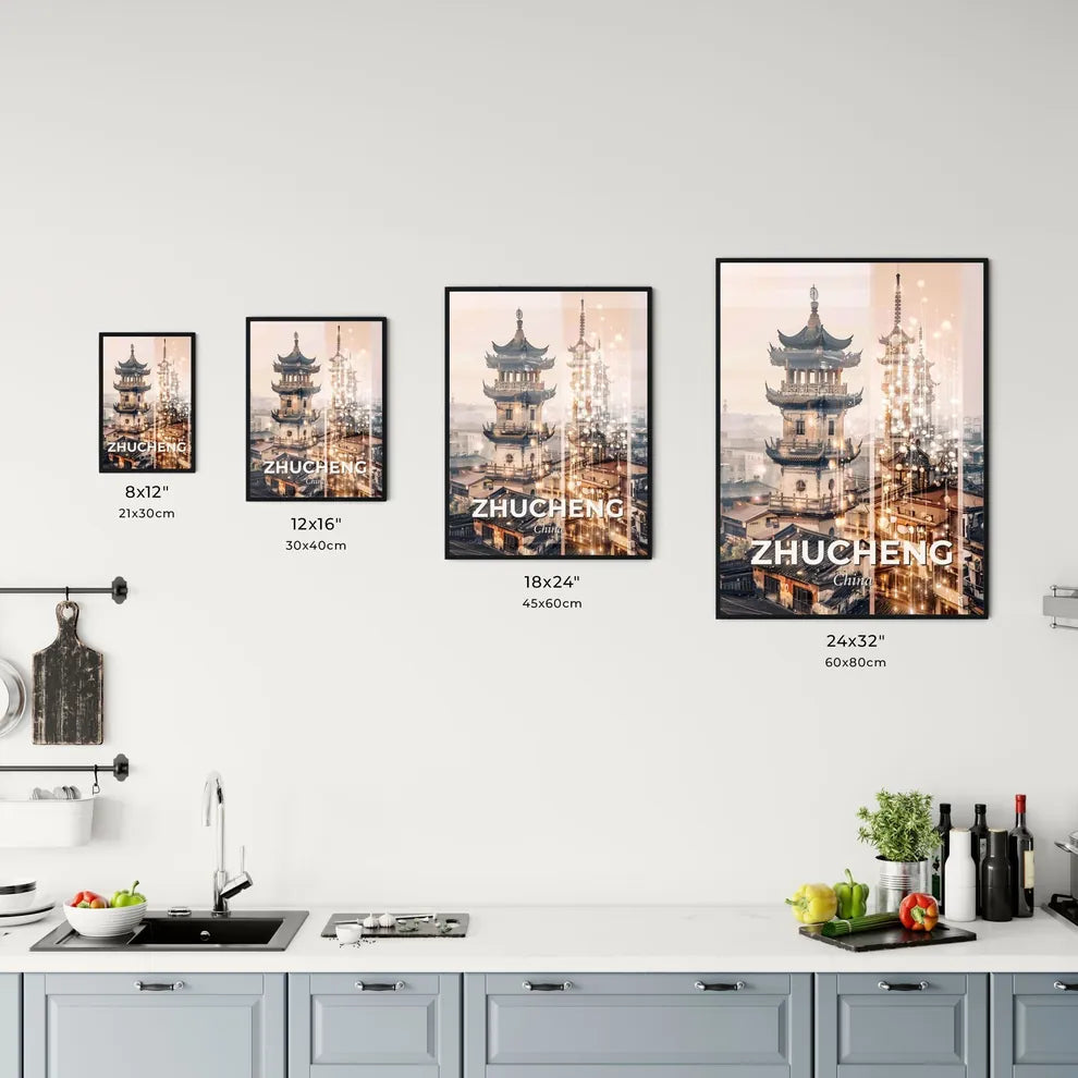 Zhucheng City Skyline Modern Art Composite Poster - A tall pagoda tower with lights Size Chart