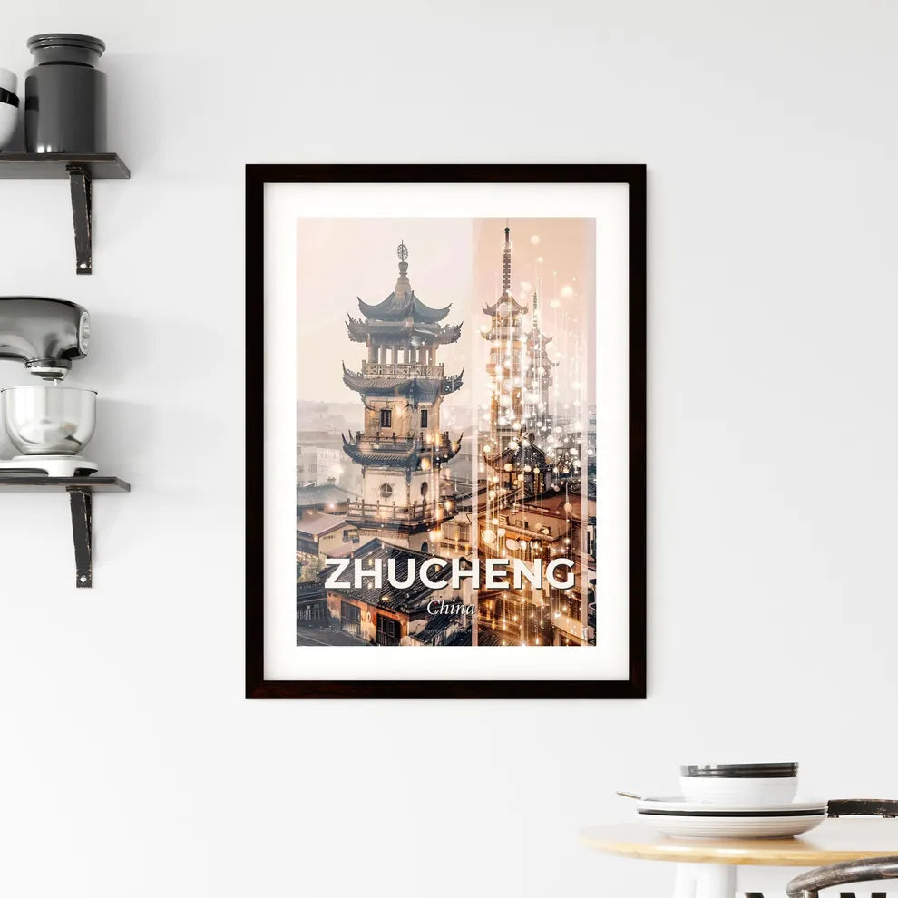 Zhucheng City Skyline Modern Art Composite Poster - A tall pagoda tower with lights Custom Print