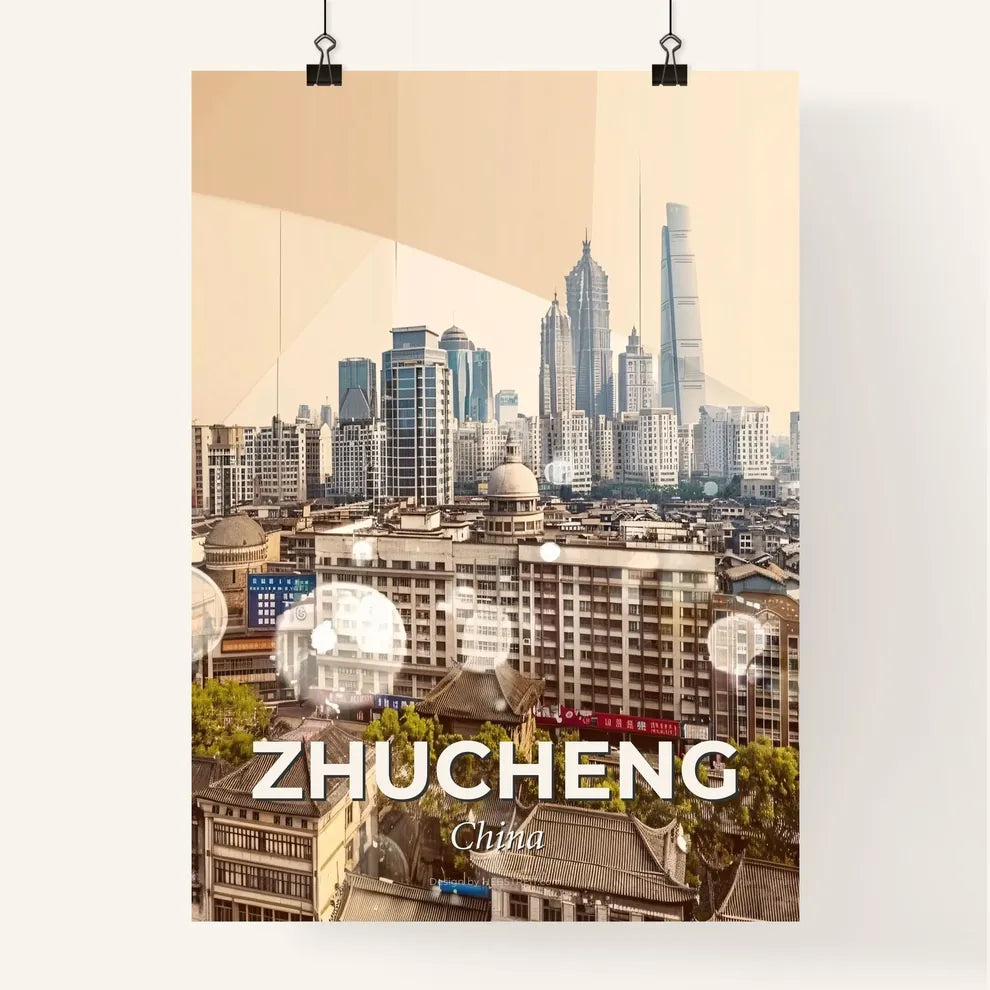 Zhucheng Skyline Double Exposure Composite Art - A city with many buildings Poster