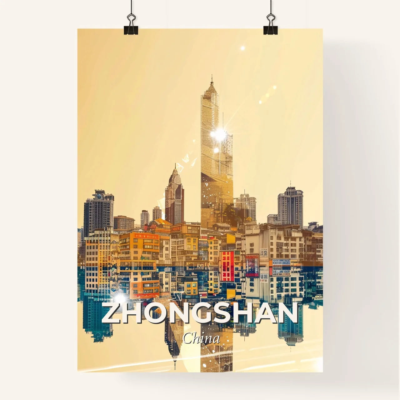 Zhongshan City Skyline Double Exposure Art Poster - A city skyline with many buildings and a body of water Poster