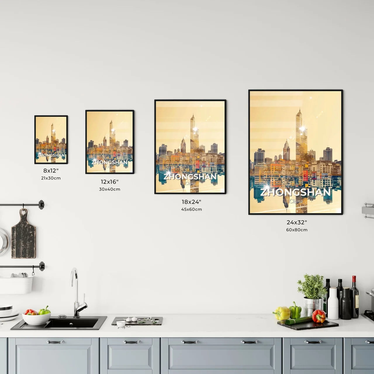 Zhongshan City Skyline Double Exposure Art Poster - A city skyline with many buildings and a body of water Size Chart