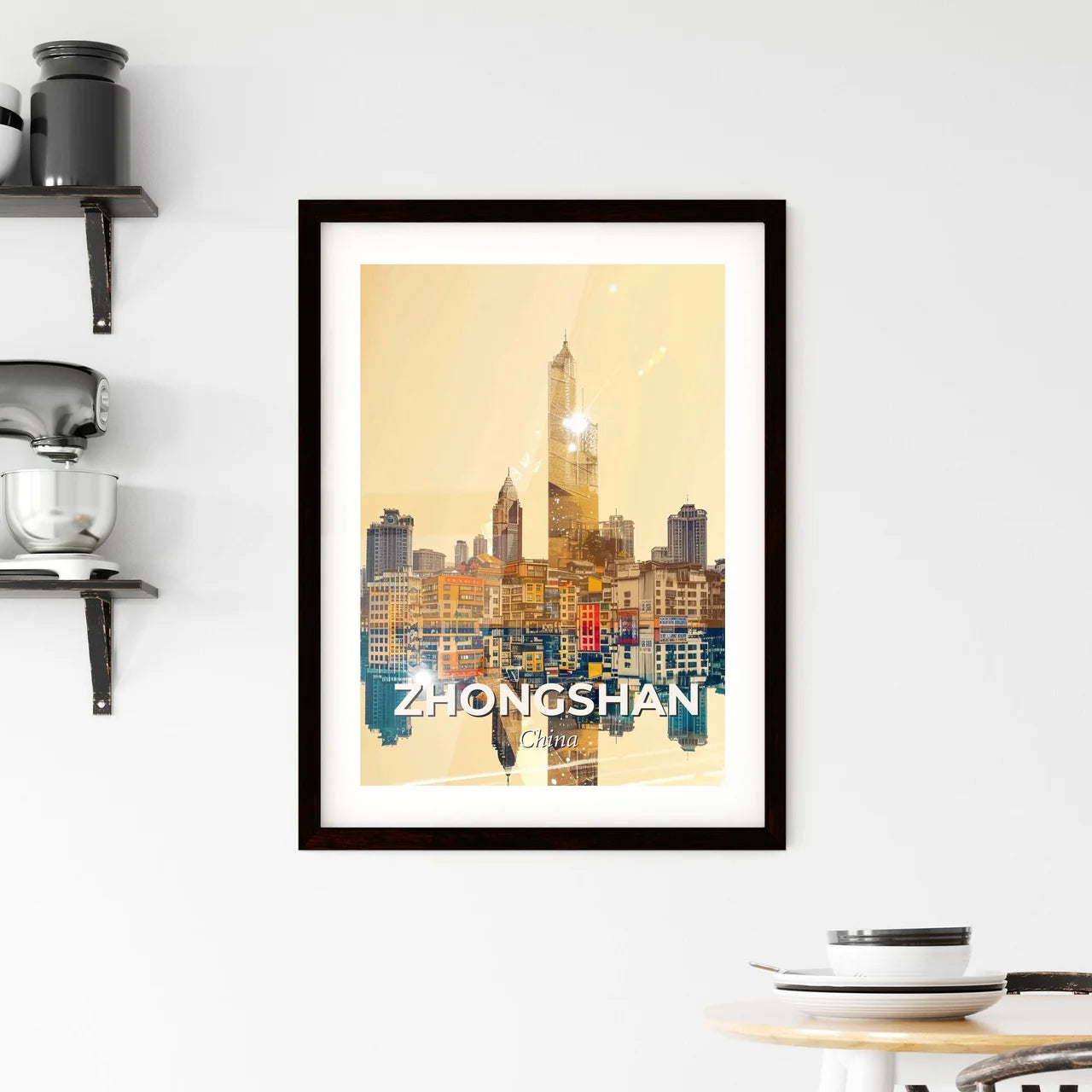 Zhongshan City Skyline Double Exposure Art Poster - A city skyline with many buildings and a body of water Custom Print