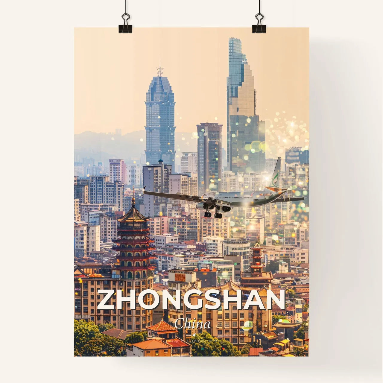 Zhongshan Skyline Double Exposure Cityscape - A plane flying over a city Poster