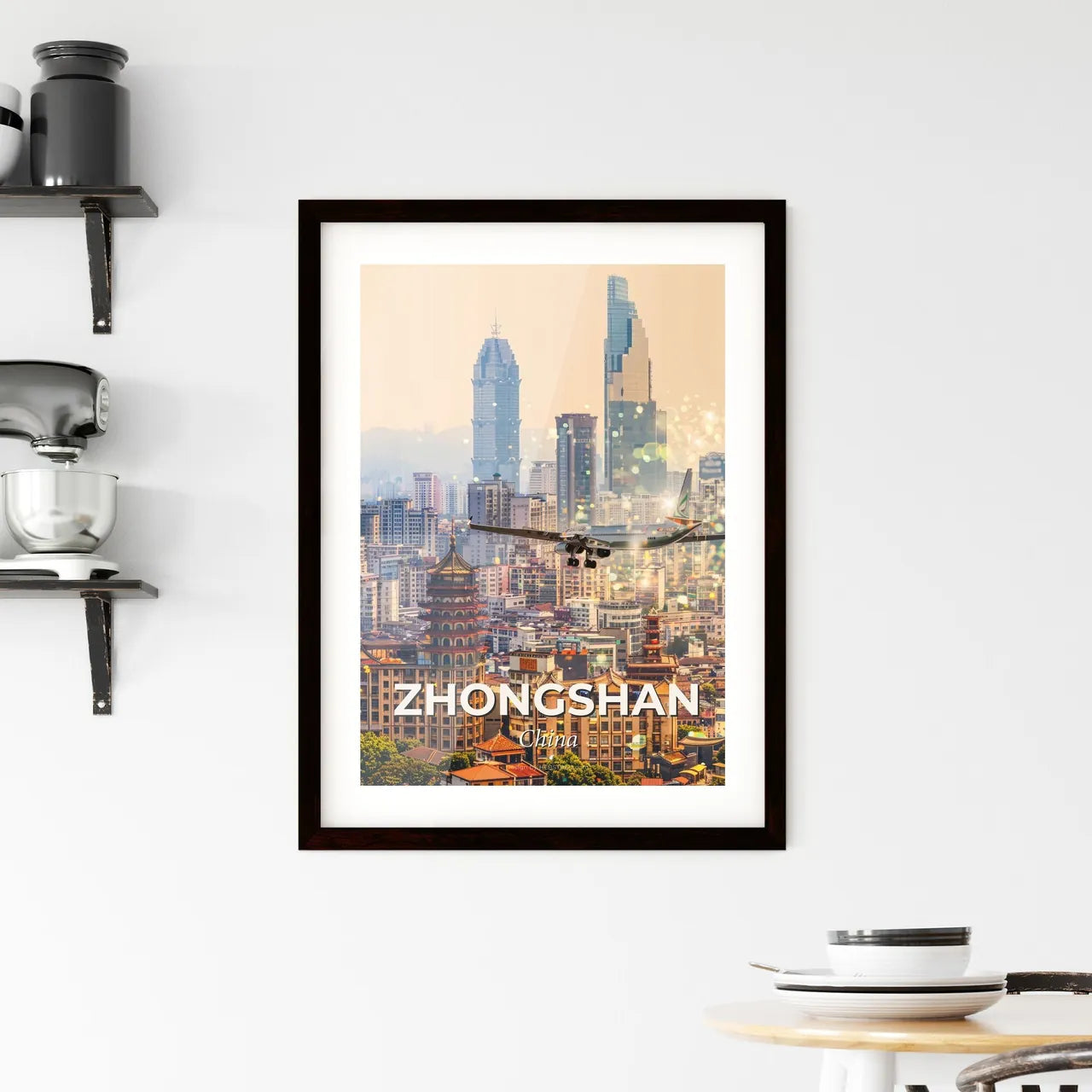 Zhongshan Skyline Double Exposure Cityscape - A plane flying over a city Custom Print