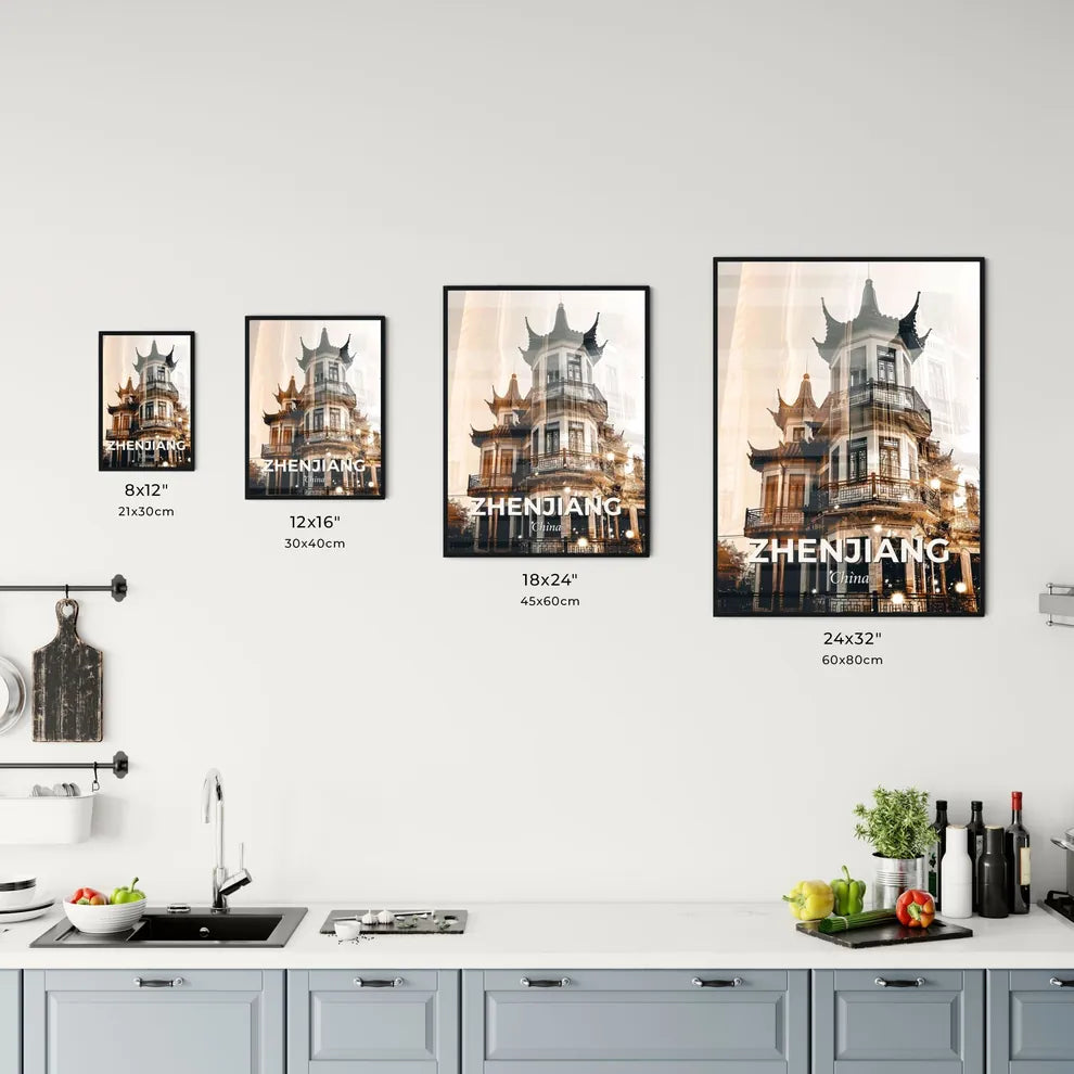 Zhenjiang Skyline Double Exposure Poster Art - A double exposure of a building Size Chart