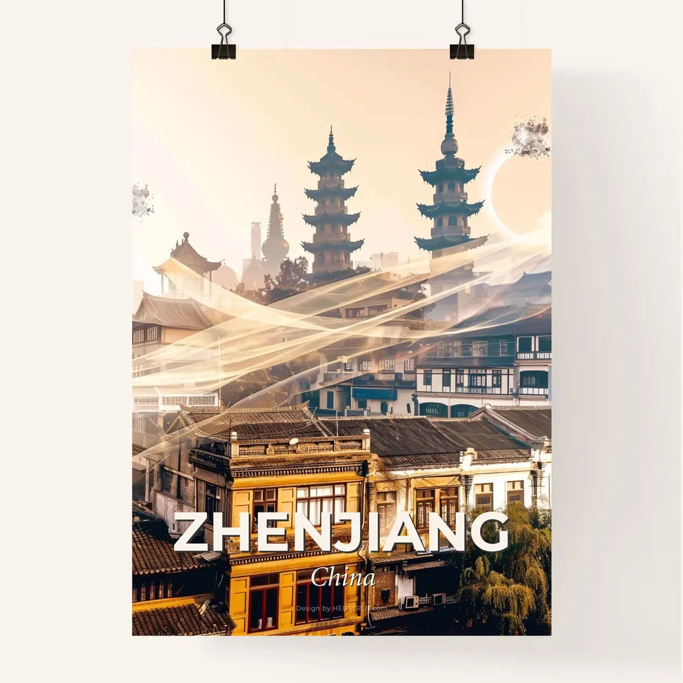 Zhenjiang Double Exposure Skyline Art Poster - A city with buildings and a light beam Poster