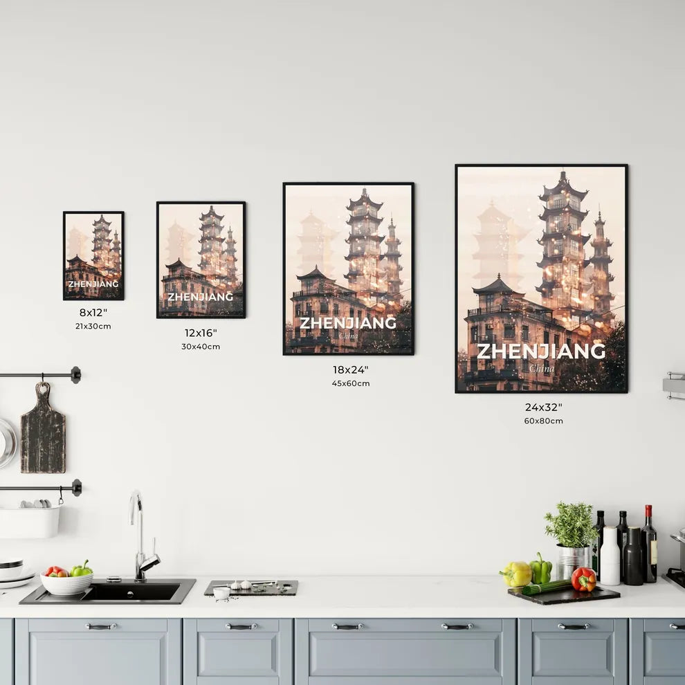 Zhenjiang Skyline Art Poster - A building with tall towers Size Chart