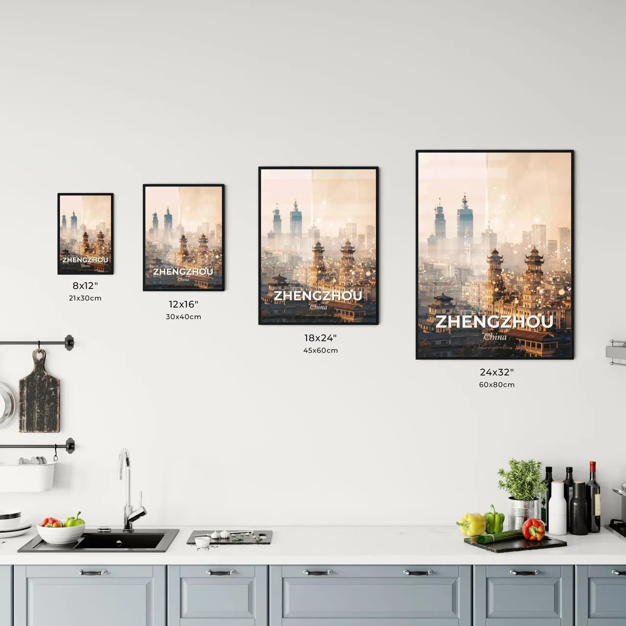 Zhengzhou Skyline Architectural Composite Poster - A city with tall buildings and fog Size Chart