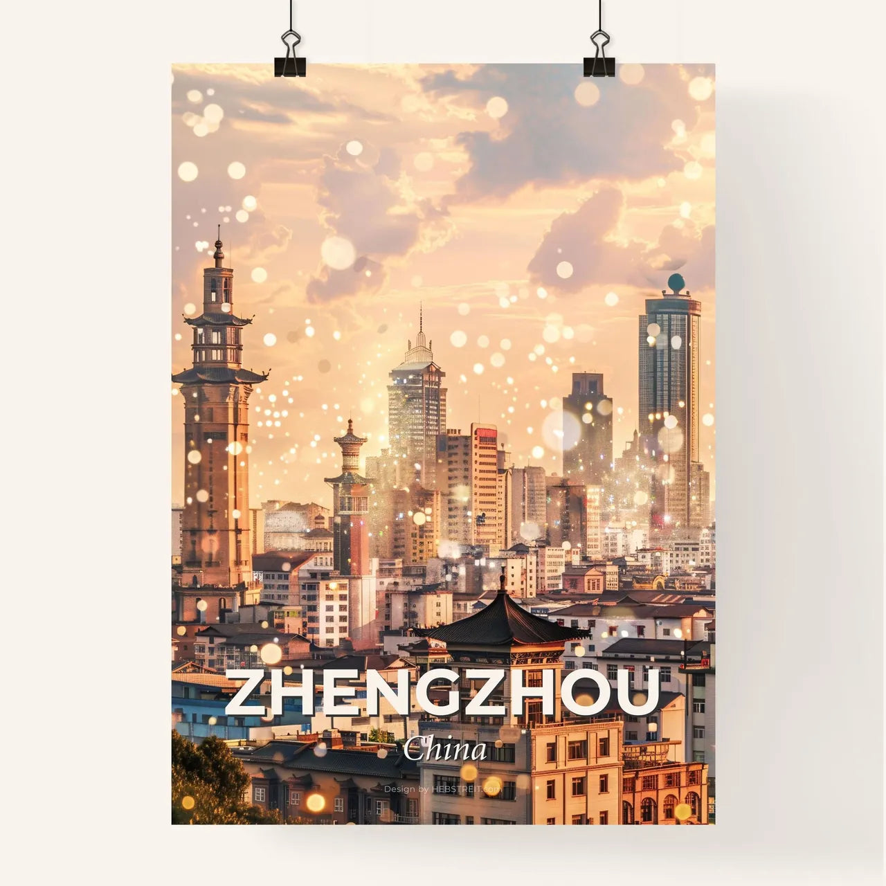 Zhengzhou Skyline Silhouette in Bright Beige - A city with many buildings Poster