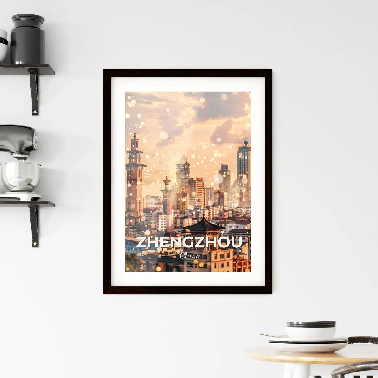 Zhengzhou Skyline Silhouette in Bright Beige - A city with many buildings Custom Print