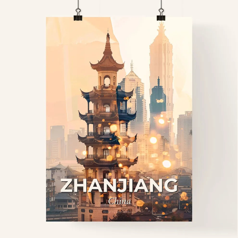 Zhanjiang Skyline Composite Art Bright Beige Sparkle Poster - A tall pagoda tower in a city Poster
