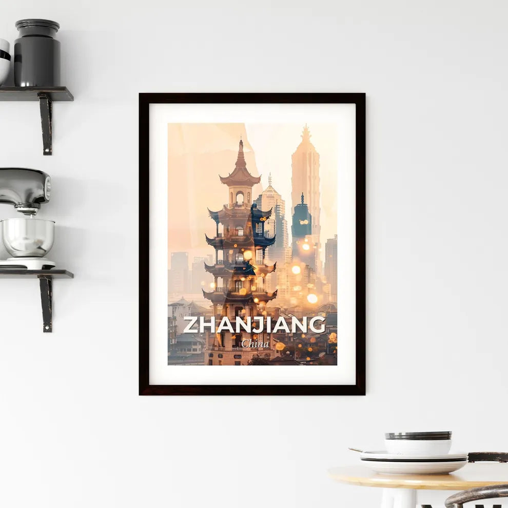 Zhanjiang Skyline Composite Art Bright Beige Sparkle Poster - A tall pagoda tower in a city Custom Print