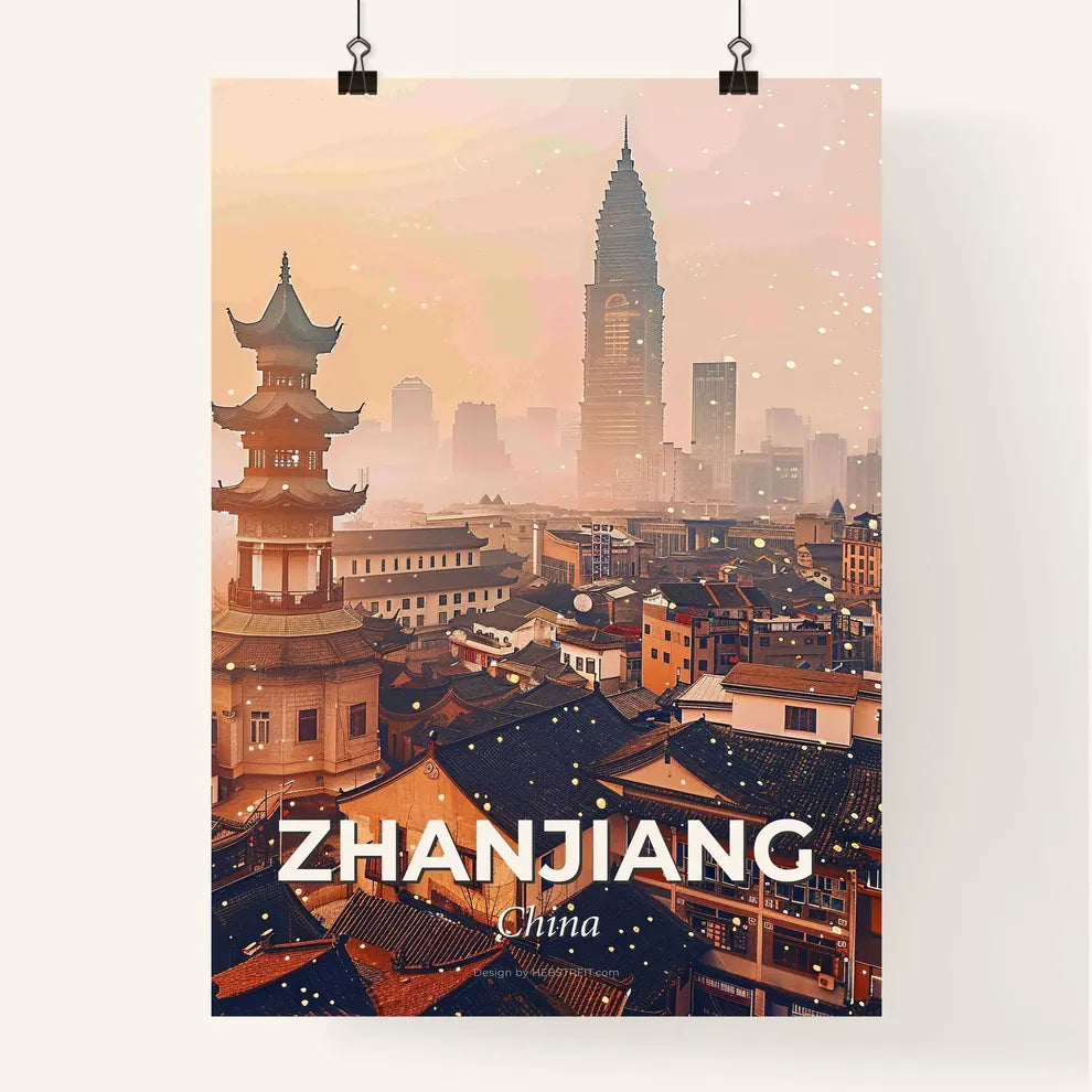 Zhanjiang Skyline Art: Local Icons, Bright Beige - A city with a tall tower Poster