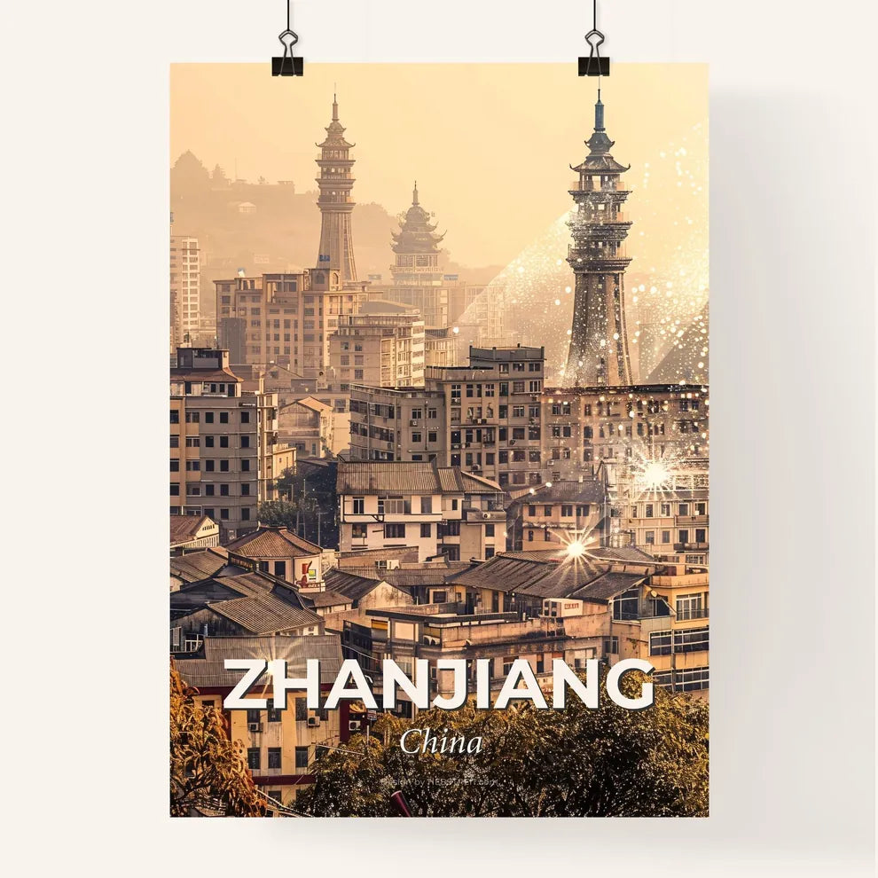 Zhanjiang Skyline Composite Art Poster - A city with many buildings and a tower Poster