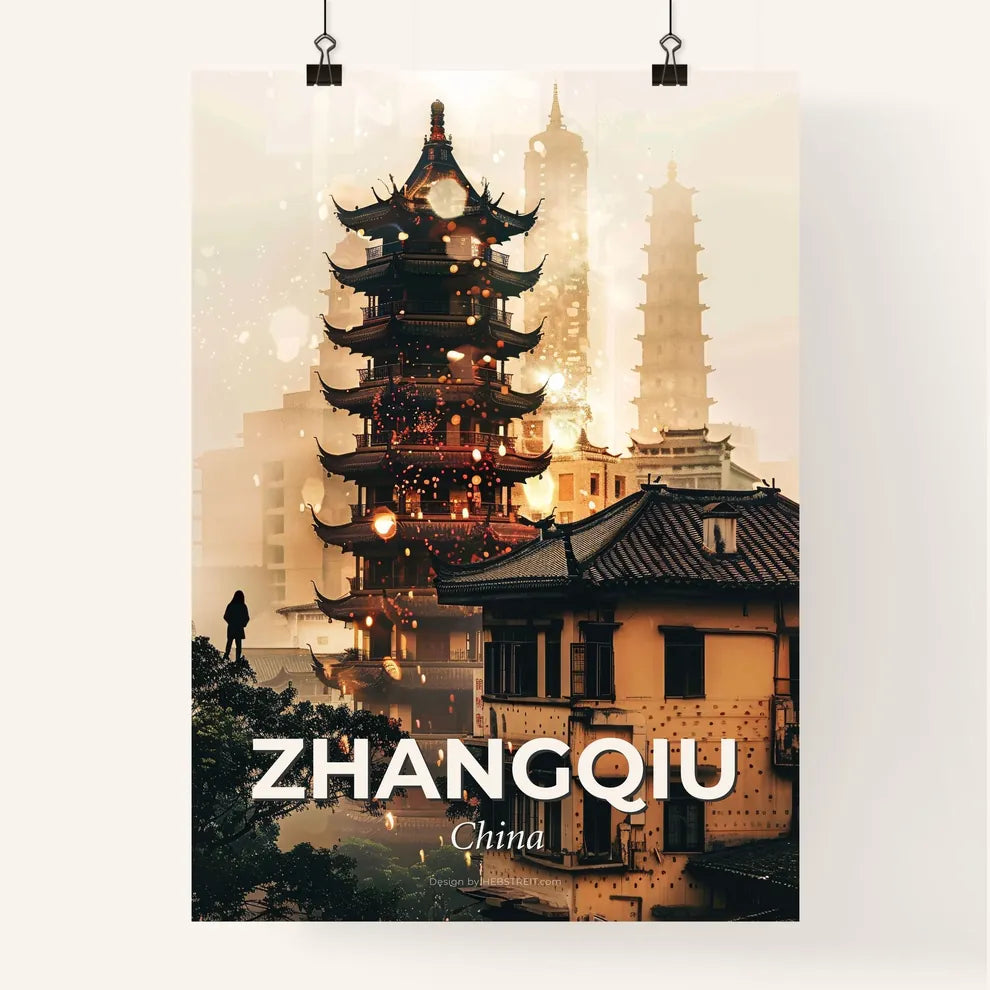 Zhangqiu Bright Beige Local Skyline Composite Art - A tall building with a tall tower in the background Poster