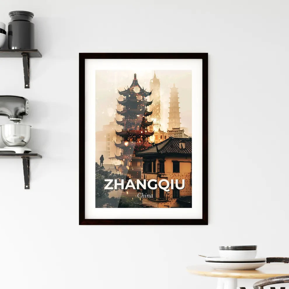 Zhangqiu Bright Beige Local Skyline Composite Art - A tall building with a tall tower in the background Custom Print