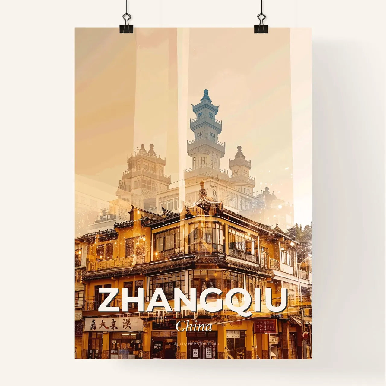 Zhangqiu Skyline Cityscape Composite Art Poster - A building with a tall tower Poster