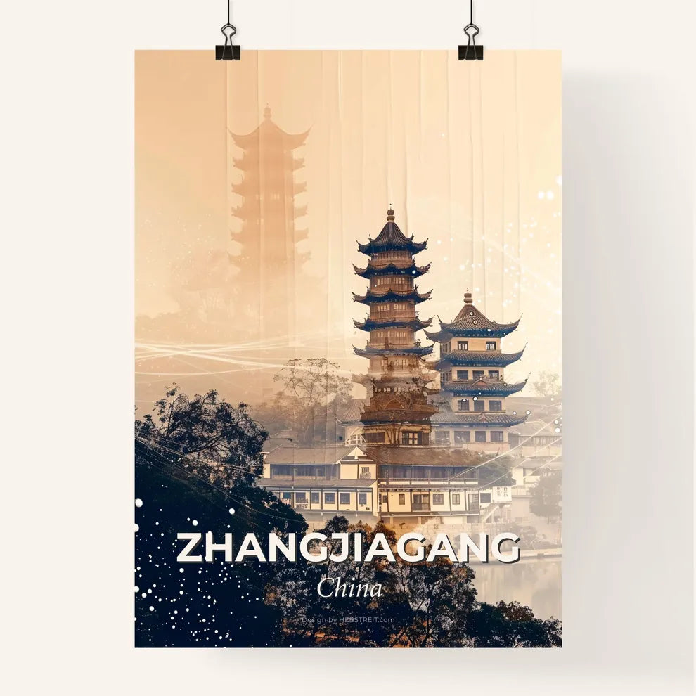 Zhangjiagang Skyline Composite Art with Local Icons - A group of buildings with a tower Poster