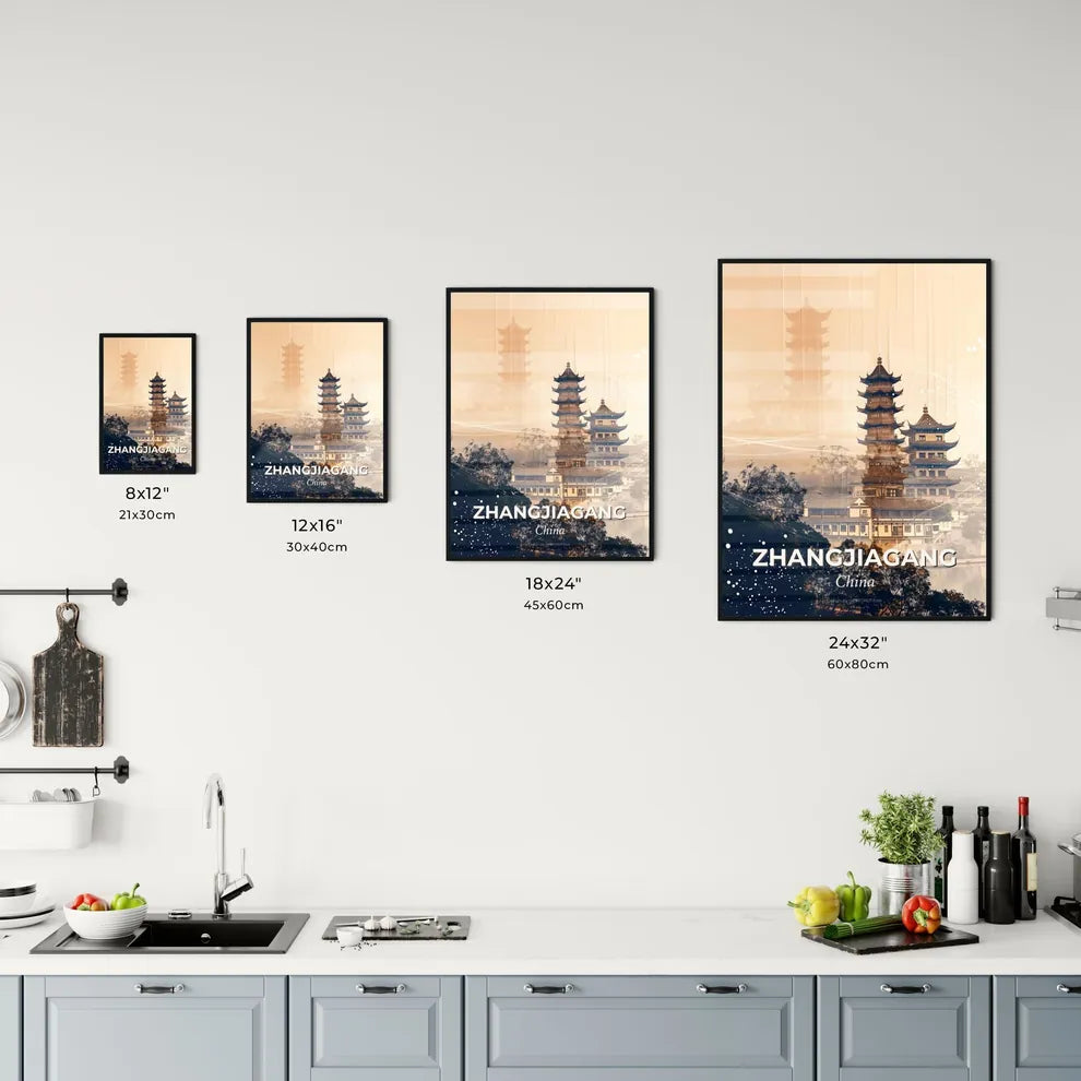 Zhangjiagang Skyline Composite Art with Local Icons - A group of buildings with a tower Size Chart