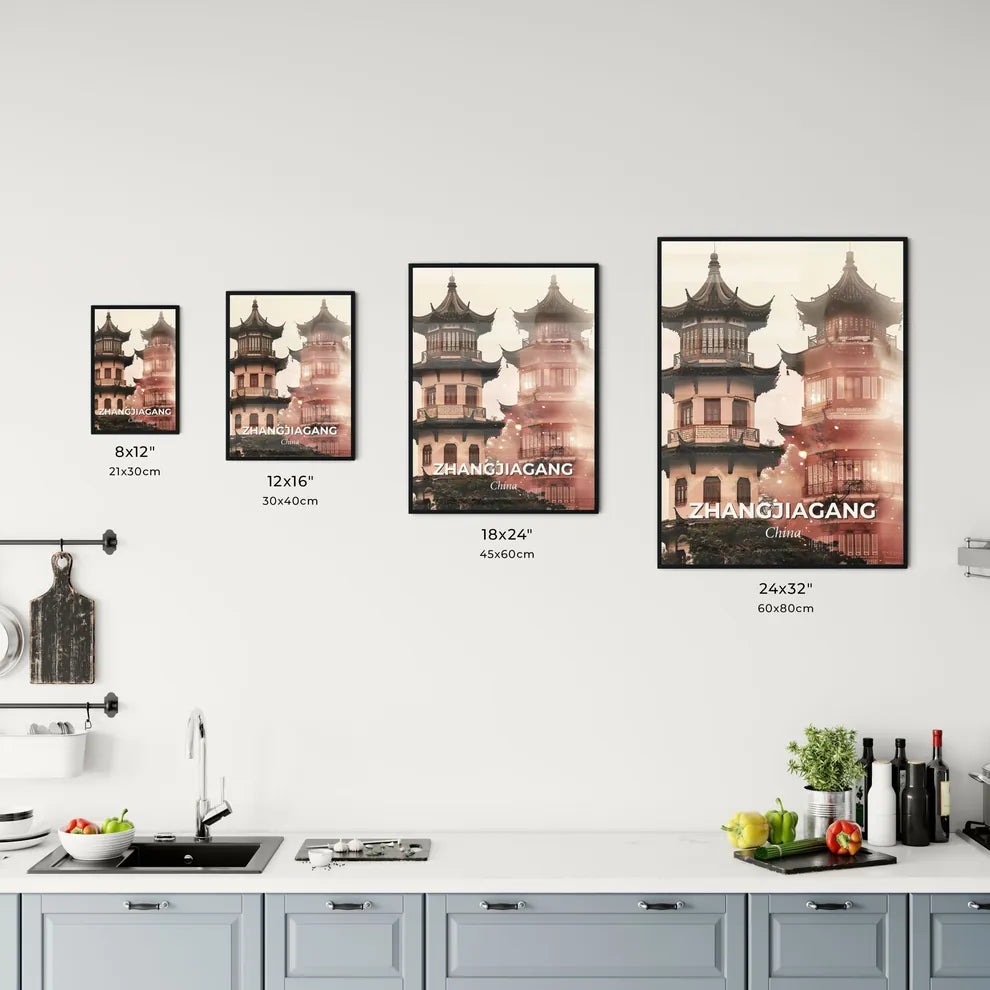 Zhangjiagang Skyline Cityscape Poster - Two buildings with a few windows Size Chart