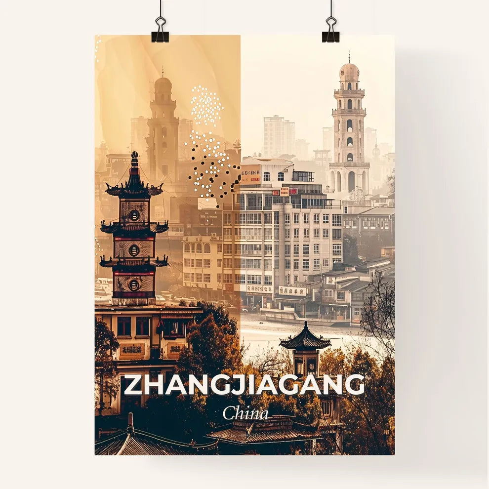 Zhangjiagang Skyline Art Print - A collage of a city Poster
