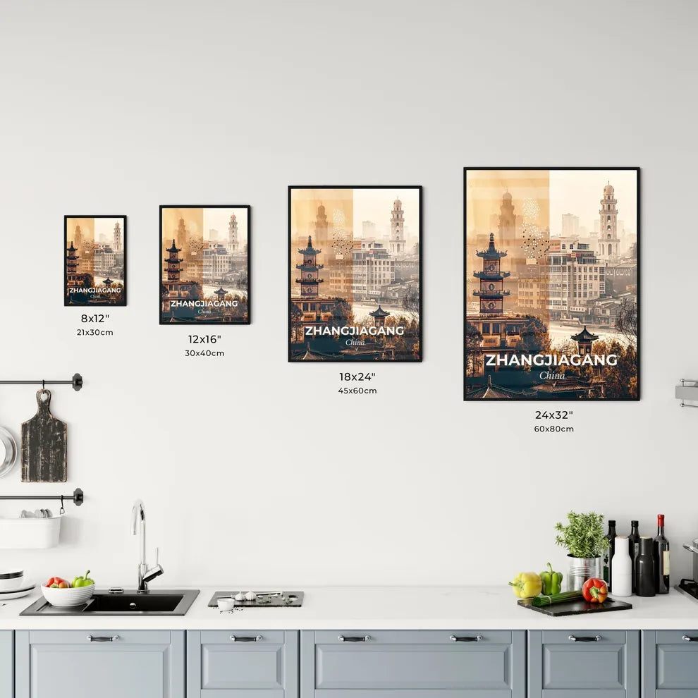 Zhangjiagang Skyline Art Print - A collage of a city Size Chart