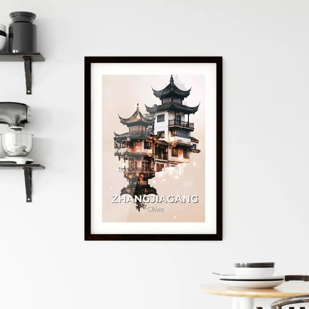 Zhangjiagang Skyline - Double Exposure Composite Art - A building with a pagoda roof Custom Print