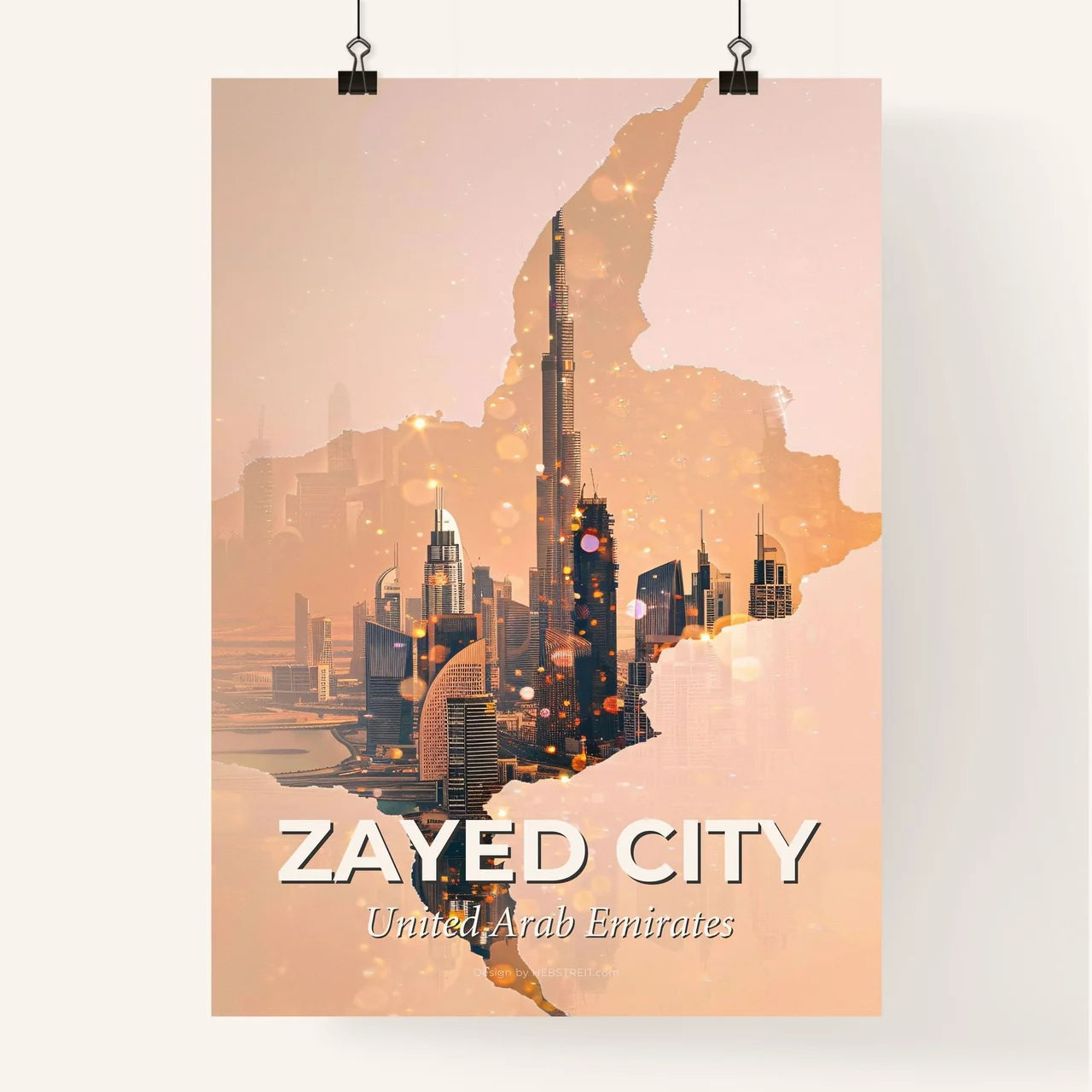 Zayed City Skyline Double Exposure Art - A cityscape with a large tower Poster